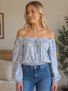Dress Forum Blue Floral Long Sleeve Off-Shoulder Blouse